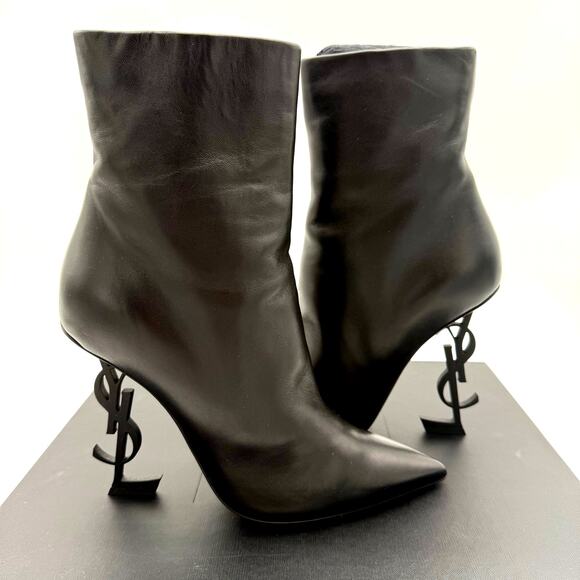 Saint Laurent Opyum Leather YSL Heel Nero Pointed Toe Booties IT 39 US 9 $1750 - Picture 1 of 11
